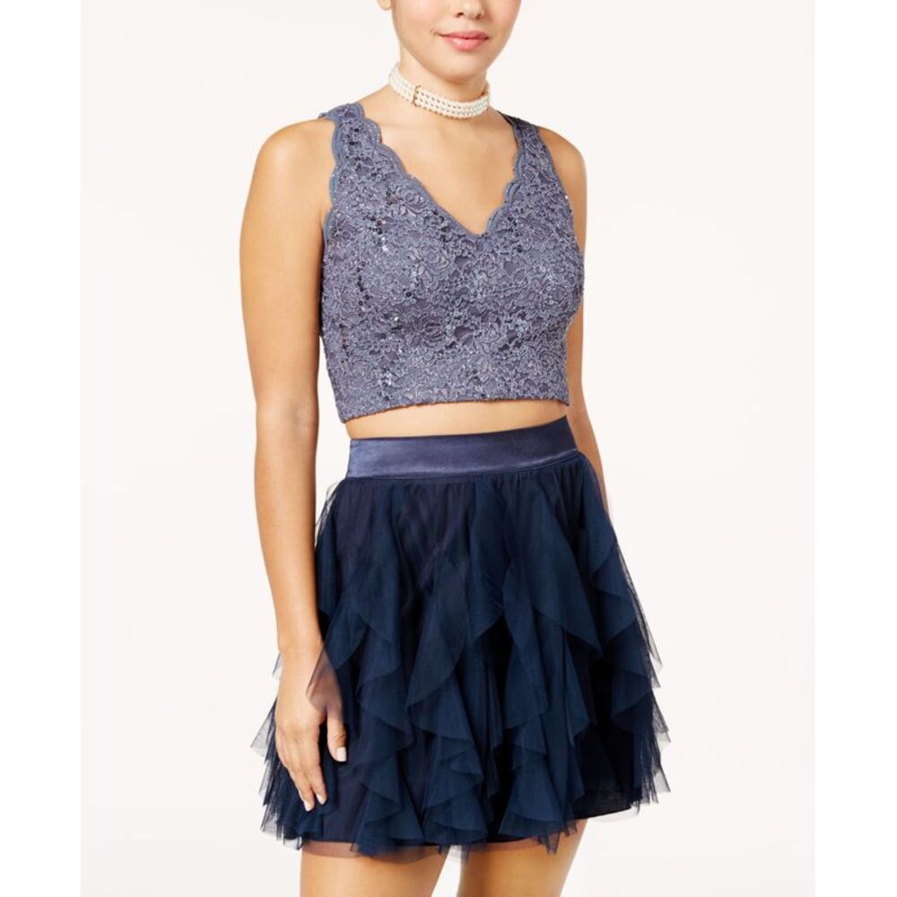 Teeze Me Juniors 2 Pc. Sequin Lace Cascade Ruffle Dress